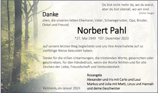 Traueranzeige von Norbert Pahl von Fränkische Nachrichten