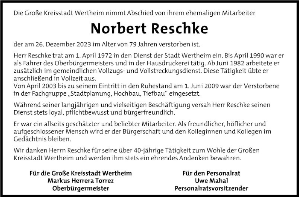  Traueranzeige für Norbert Reschke vom 05.01.2024 aus Fränkische Nachrichten