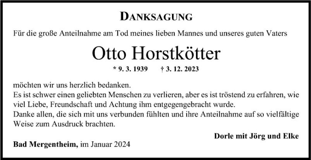  Traueranzeige für Otto Horstkötter vom 05.01.2024 aus Fränkische Nachrichten