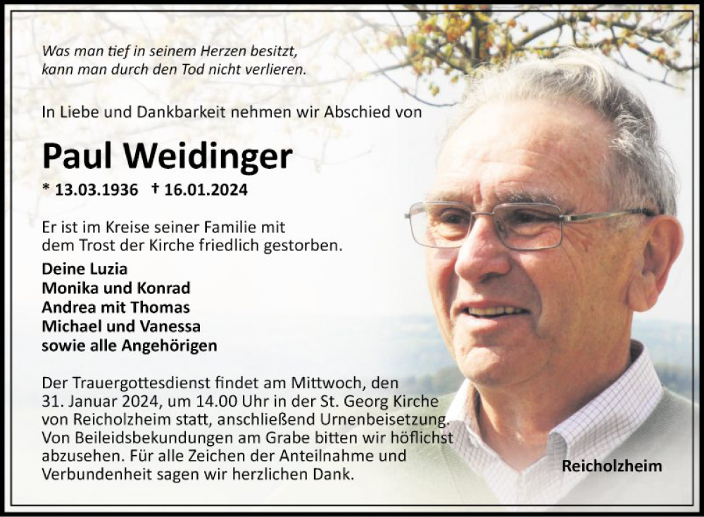  Traueranzeige für Paul Weidinger vom 27.01.2024 aus Fränkische Nachrichten