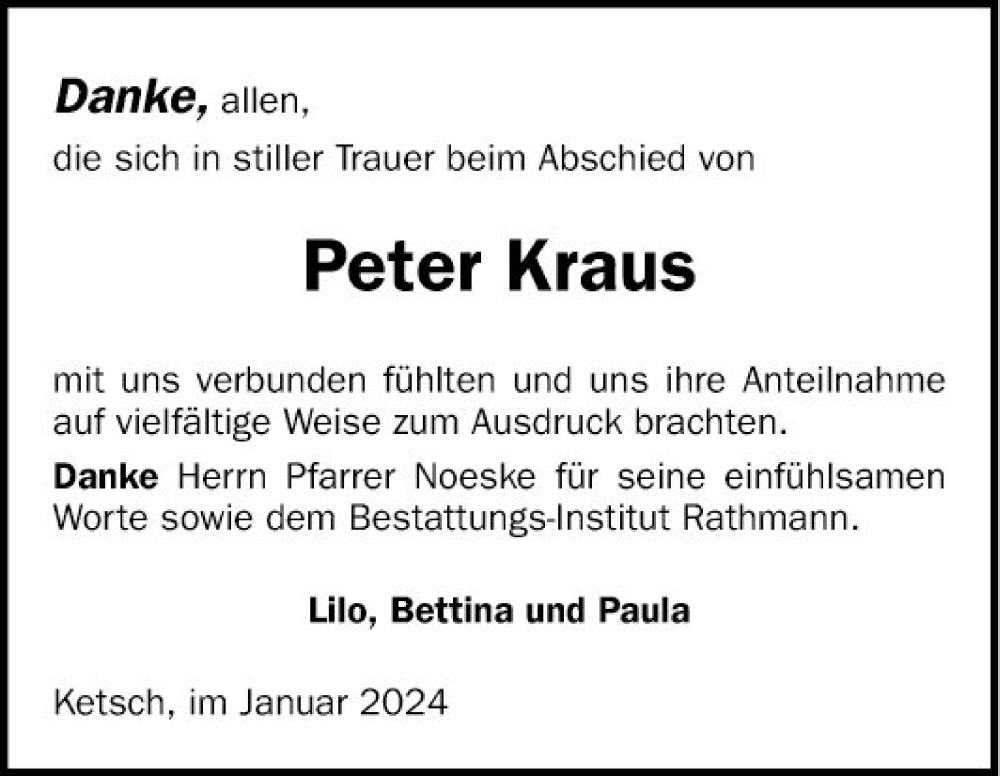  Traueranzeige für Peter Kraus vom 05.01.2024 aus Schwetzinger Zeitung