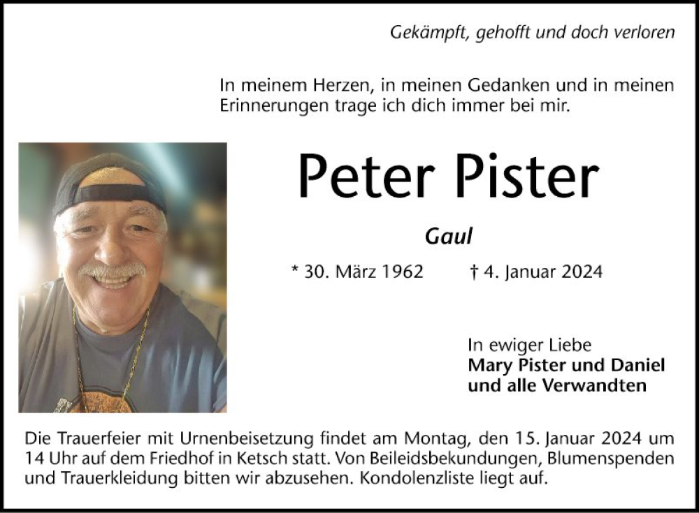  Traueranzeige für Peter Pister vom 10.01.2024 aus Schwetzinger Zeitung