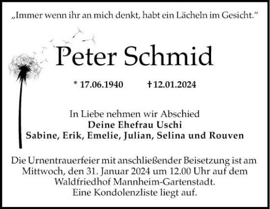 Traueranzeige von Peter Schmid von Mannheimer Morgen