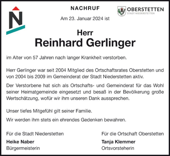 Traueranzeige von Reinhard Gerlinger von Fränkische Nachrichten