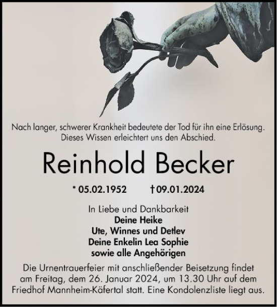 Traueranzeige von Reinhold Becker von Mannheimer Morgen