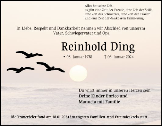 Traueranzeige von Reinhold Ding von Mannheimer Morgen