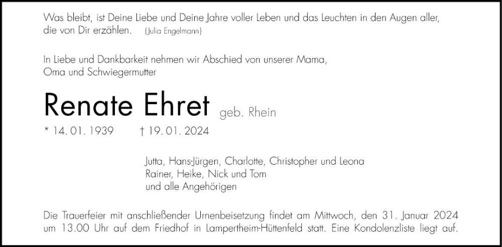 Traueranzeige für Renate Ehret vom 27.01.2024 aus Mannheimer Morgen