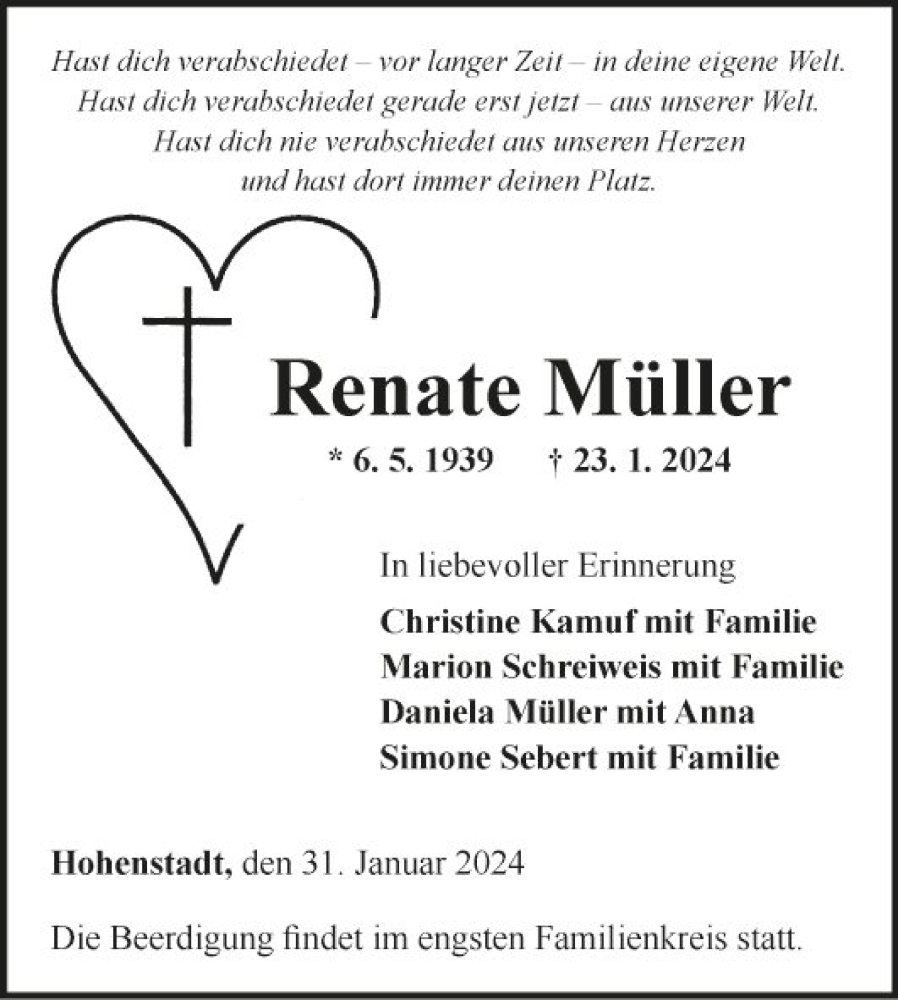  Traueranzeige für Renate Müller vom 31.01.2024 aus Fränkische Nachrichten