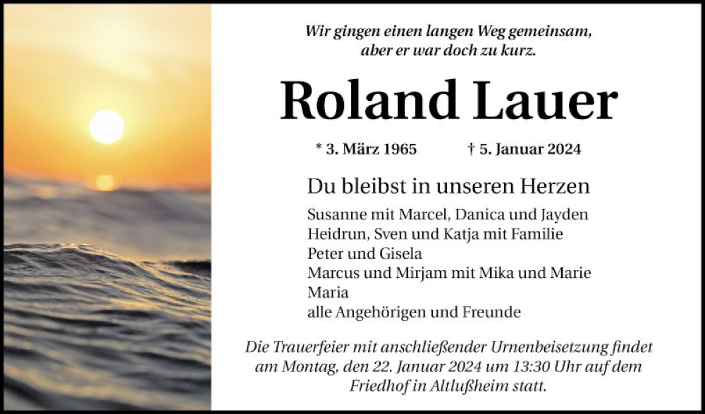  Traueranzeige für Roland Lauer vom 13.01.2024 aus Schwetzinger Zeitung
