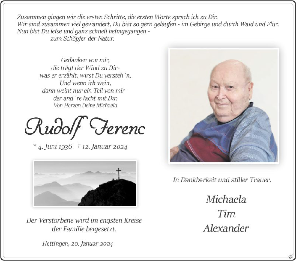  Traueranzeige für Rudolf Ferenc vom 20.01.2024 aus Fränkische Nachrichten