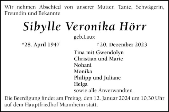 Traueranzeige von Sibylle Veronika Hörr von Mannheimer Morgen