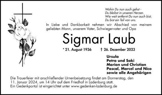 Traueranzeige von Sigmar Laub von Mannheimer Morgen