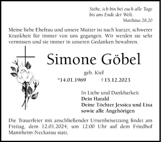 Traueranzeige von Simone Göbel von Mannheimer Morgen