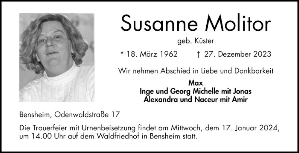  Traueranzeige für Susanne Molitor vom 13.01.2024 aus Bergsträßer Anzeiger