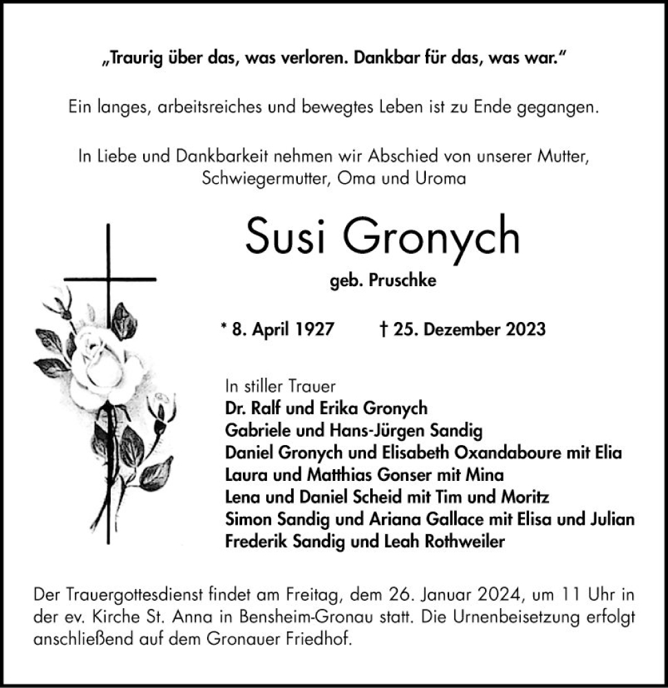  Traueranzeige für Susi Gronych vom 20.01.2024 aus Bergsträßer Anzeiger