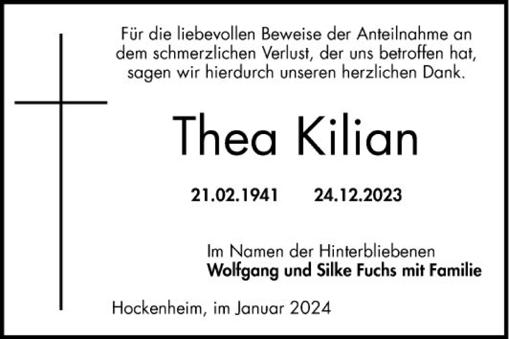  Traueranzeige für Thea Kilian vom 27.01.2024 aus Schwetzinger Zeitung