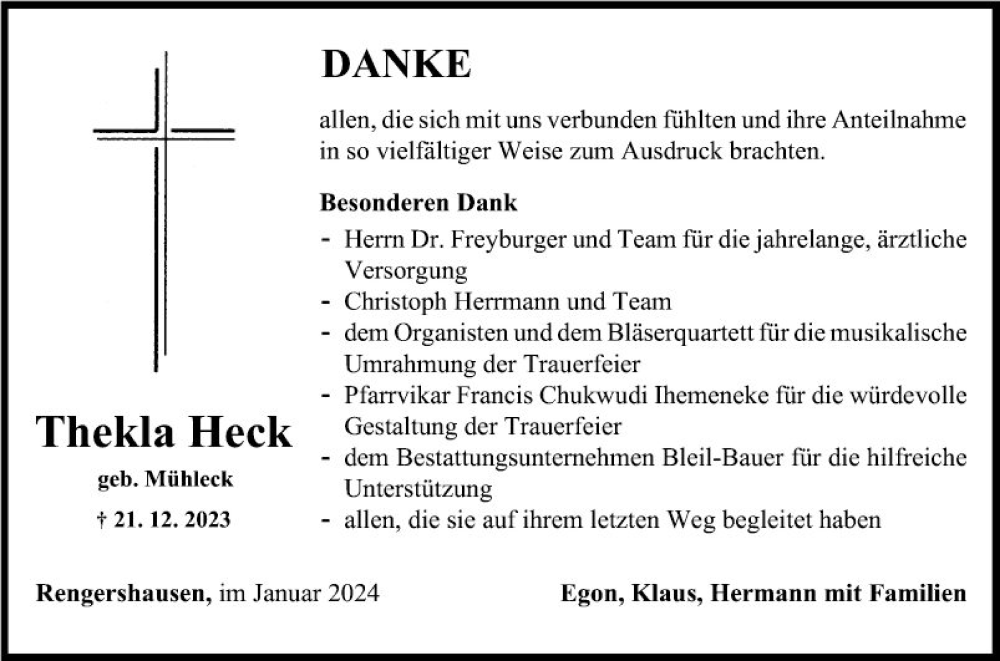  Traueranzeige für Thekla Heck vom 27.01.2024 aus Fränkische Nachrichten