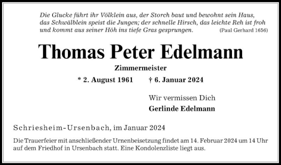 Traueranzeige von Thomas Peter Edelmann von Mannheimer Morgen