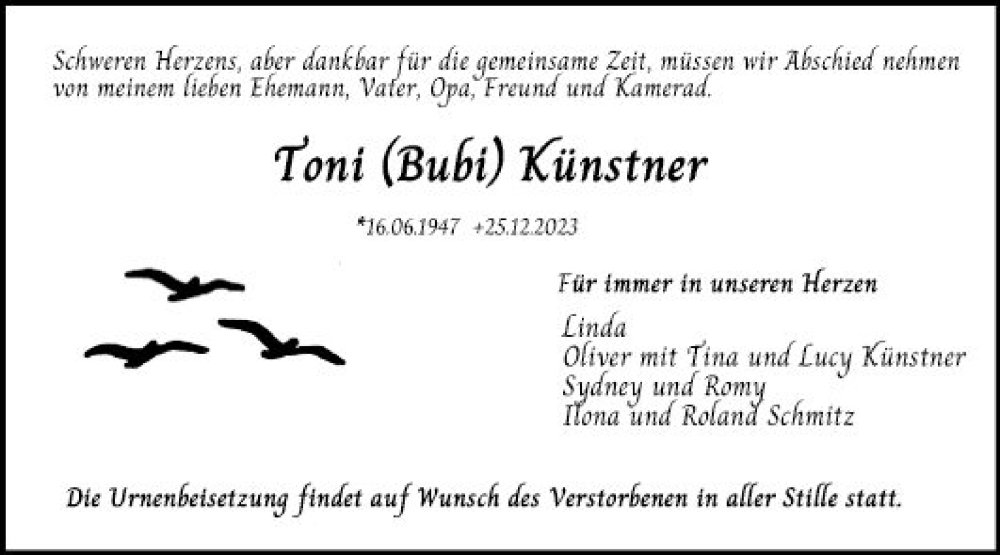  Traueranzeige für Toni Künstner vom 13.01.2024 aus Mannheimer Morgen