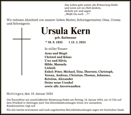 Traueranzeige von Ursula Kern von Fränkische Nachrichten