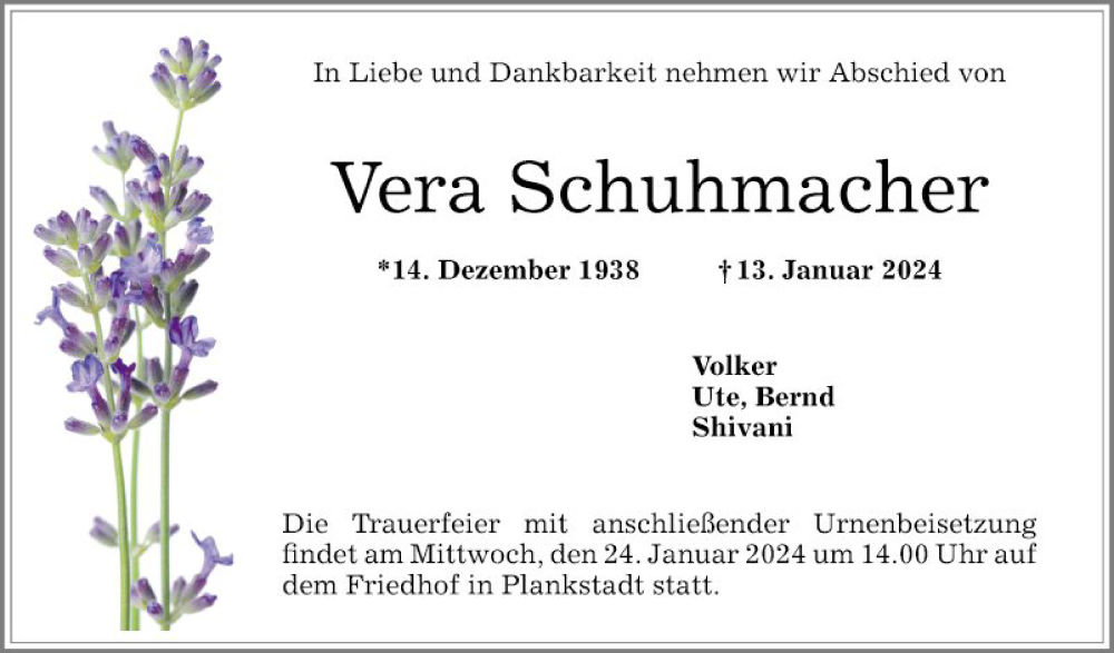  Traueranzeige für Vera Schuhmacher vom 20.01.2024 aus Schwetzinger Zeitung