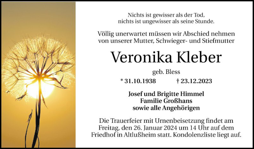 Traueranzeige für Veronika Kleber vom 20.01.2024 aus Schwetzinger Zeitung
