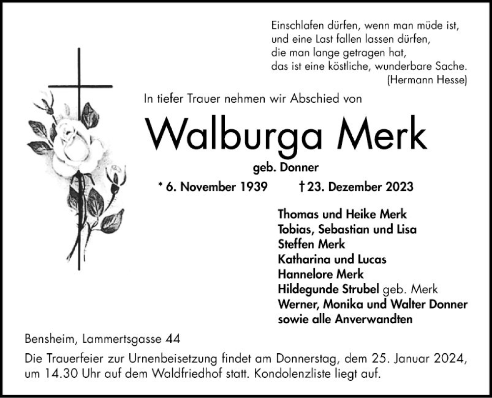  Traueranzeige für Walburga Merk vom 20.01.2024 aus Bergsträßer Anzeiger