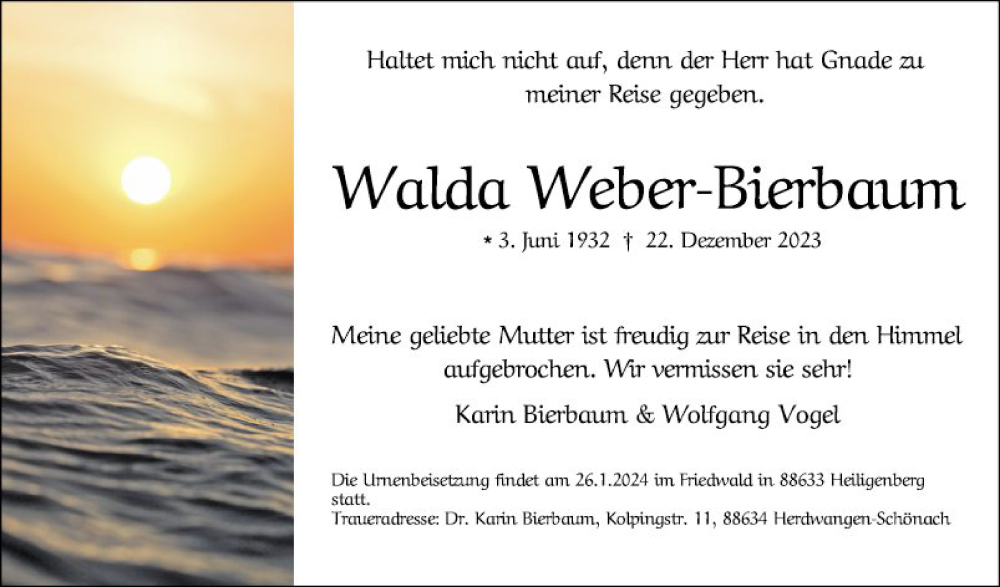  Traueranzeige für Walda Weber-Bierbaum vom 05.01.2024 aus Mannheimer Morgen