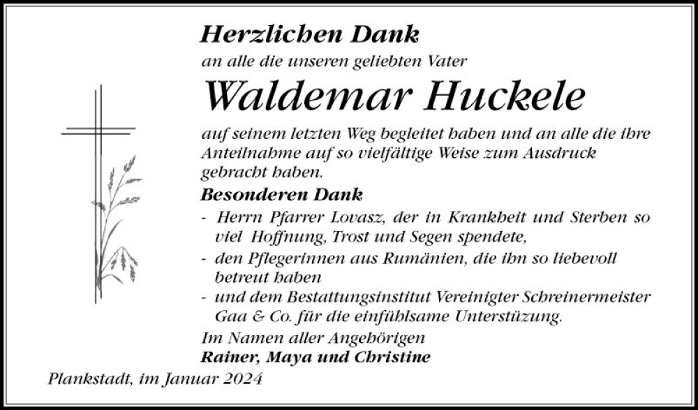  Traueranzeige für Waldemar Huckele vom 13.01.2024 aus Schwetzinger Zeitung