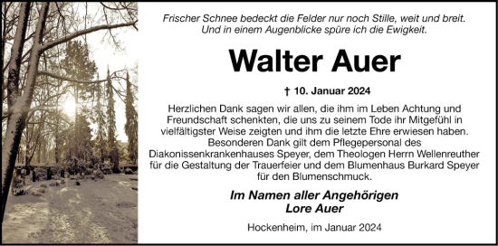 Traueranzeige von Walter Auer von Schwetzinger Zeitung