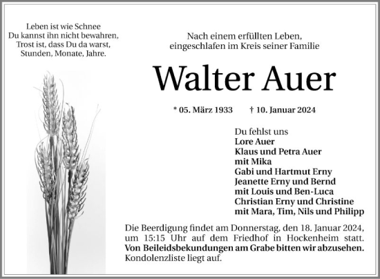 Traueranzeige von Walter Auer von Schwetzinger Zeitung