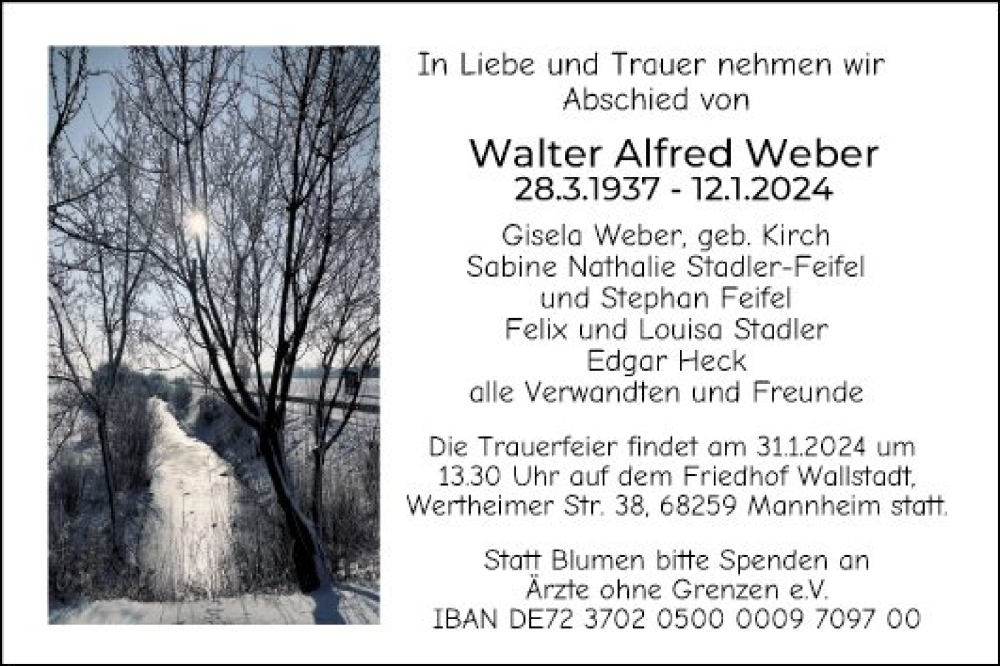  Traueranzeige für Walter Alfred Weber vom 27.01.2024 aus Mannheimer Morgen