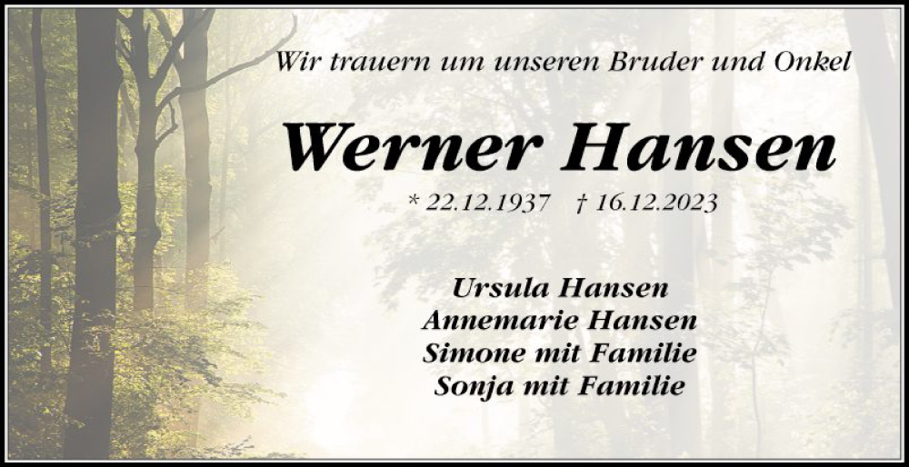  Traueranzeige für Werner Hansen vom 11.01.2024 aus Schwetzinger Zeitung