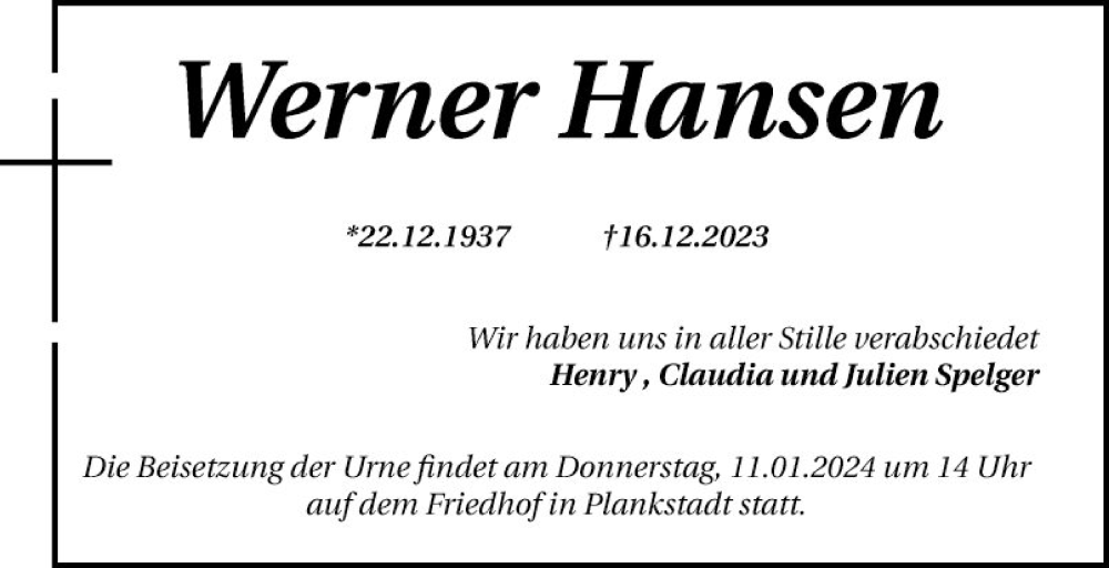  Traueranzeige für Werner Hansen vom 08.01.2024 aus Schwetzinger Zeitung