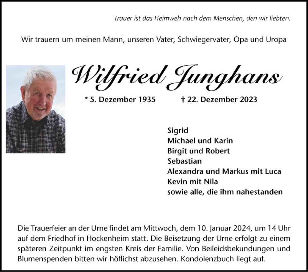  Traueranzeige für Wilfried Junghans vom 03.01.2024 aus Schwetzinger Zeitung