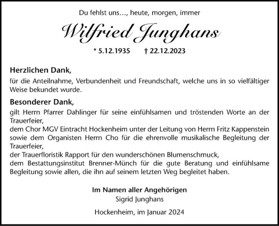 Traueranzeige von Wilfried Junghans von Schwetzinger Zeitung