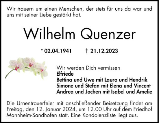 Traueranzeige von Wilhelm Quenzer von Mannheimer Morgen