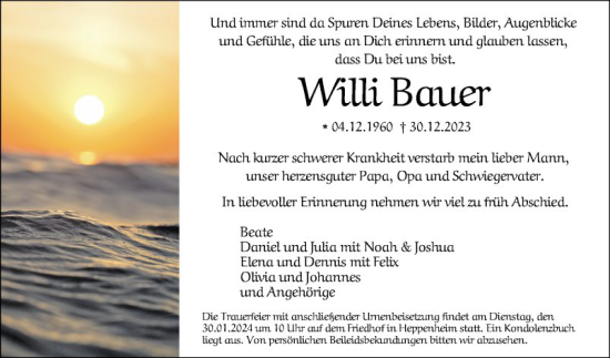 Traueranzeige von Willi Bauer von Bergsträßer Anzeiger