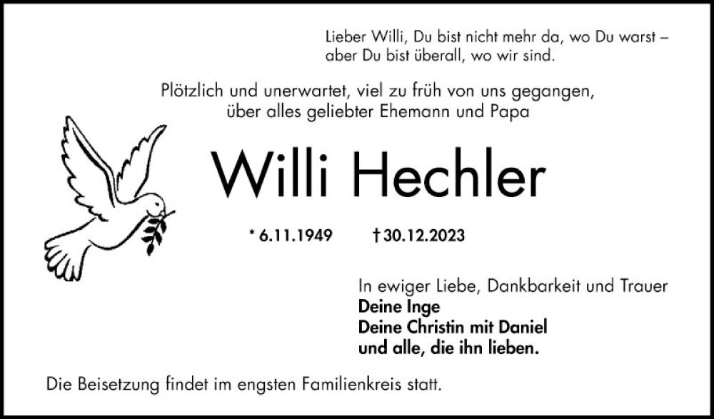  Traueranzeige für Willi Hechler vom 13.01.2024 aus Bergsträßer Anzeiger