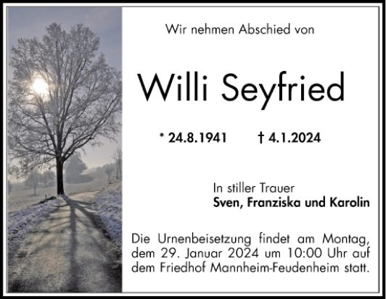 Traueranzeige von Willi Seyfried von Mannheimer Morgen