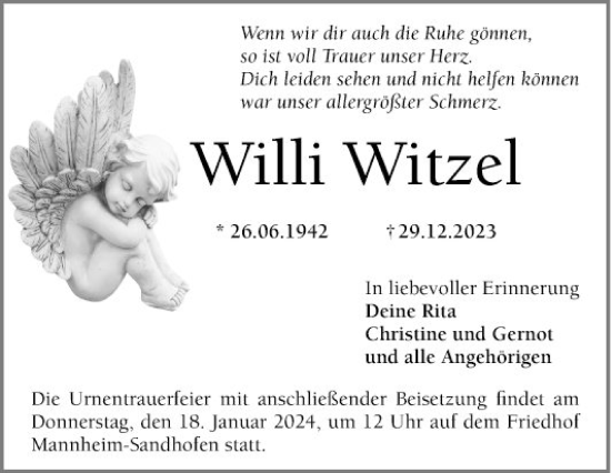 Traueranzeige von Willi Witzel von Mannheimer Morgen