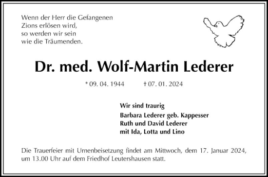 Traueranzeige von Wolf-Martin Lederer von Mannheimer Morgen