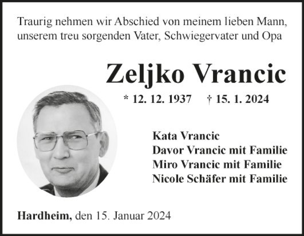  Traueranzeige für Zeljko Vrancie vom 16.01.2024 aus Fränkische Nachrichten