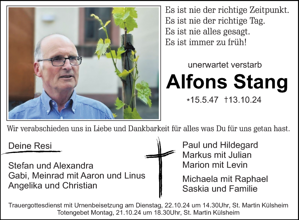  Traueranzeige für Alfons Stang vom 19.10.2024 aus Fränkische Nachrichten