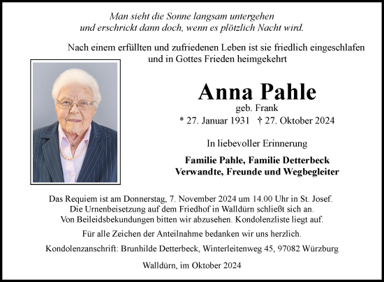 Traueranzeige von Anna Pahle von Fränkische Nachrichten