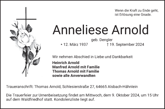 Traueranzeige von Anneliese Arnold von Bergsträßer Anzeiger