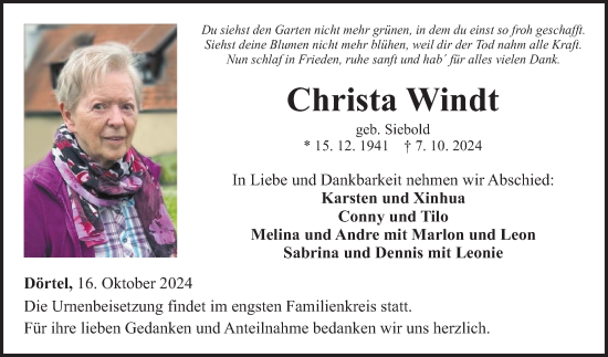 Traueranzeige von Christa Windt von Fränkische Nachrichten