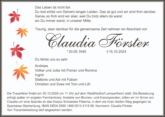 Traueranzeige von Claudia Förster von Mannheimer Morgen