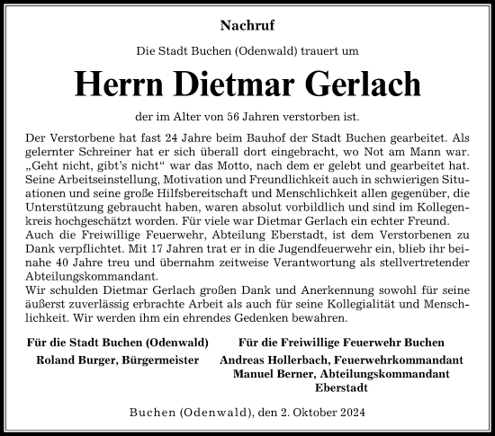 Traueranzeige von Dietmar Gerlach von Fränkische Nachrichten