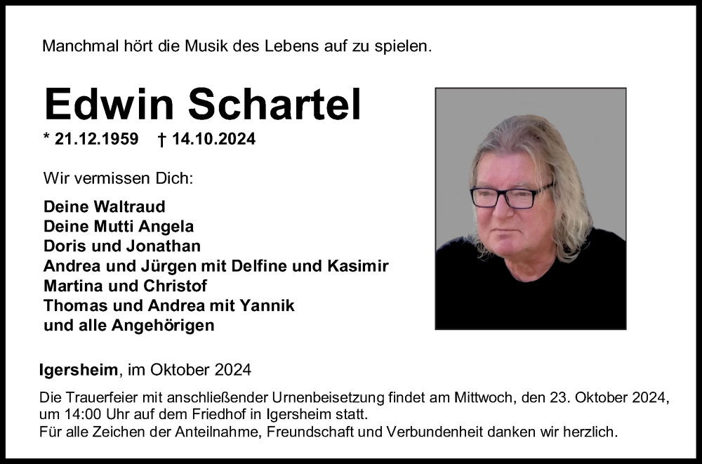  Traueranzeige für Edwin Schartel vom 18.10.2024 aus Fränkische Nachrichten